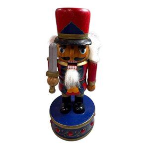 Vintage Wooden Nutcracker Toy Soldier Figurine w/ Sword & Red Hat 8" White Blue
